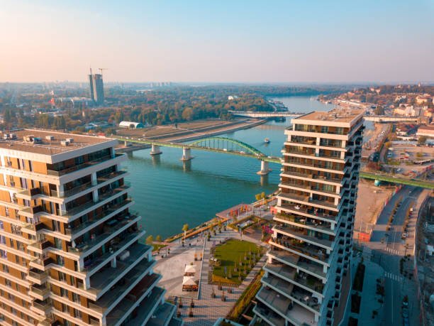 view from the top of belgrade waterfront towers - river sava imagens e fotografias de stock