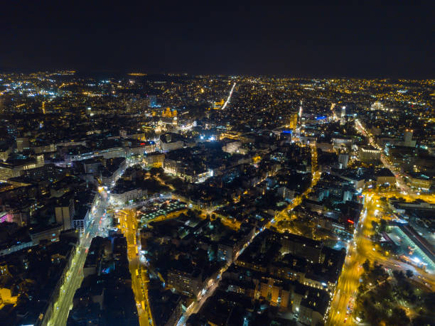 Night drone shot of the entire city of Belgrade from high altitude stock photo