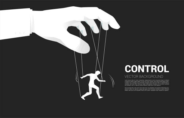 Puppet Master controlling Silhouette of businessman. Concept of manipulation and micromanagement Marionette stock illustrations