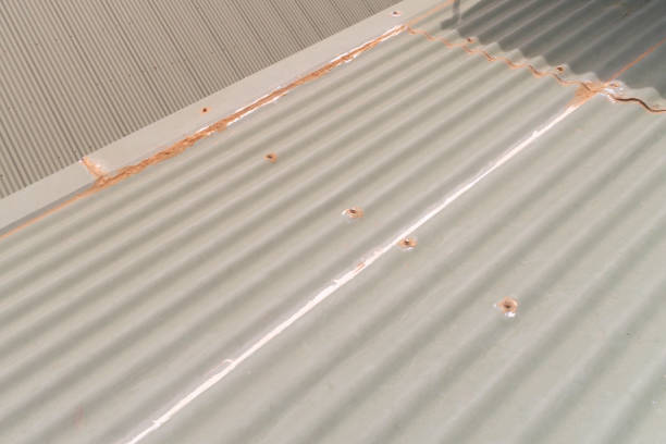 istock Green corrugated iron roof with retaining screws 1208236512
