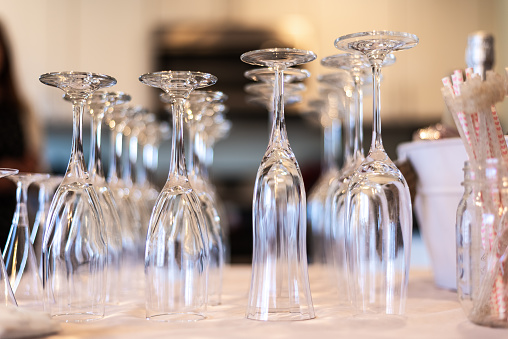 closeup of champagne glasses on table for wedding shower brunch and mimosas