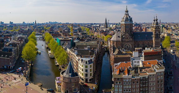 Panoramic aerial view of Amsterdam in a beautiful summer day, The Netherlands. Architecture in Amsterdam.