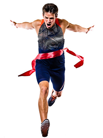 one young caucasian man practicing athletics runner running sprinter sprinting  in studio  isolated on white background