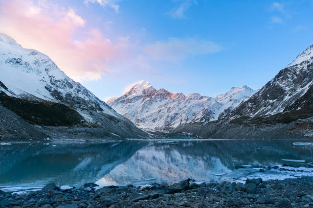 istock Winter mountain landscape with glacier lake at sunset 1208245521