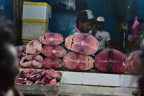 сырые стейки из тунца на рыбном рынке - tuna tuna steak raw bluefin tuna стоковые фото и изображения
