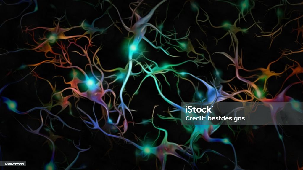 Neurons Brain cells with electrical firing. Unique Sci-Fi Art. Neurons Nerve Cell Stock Photo