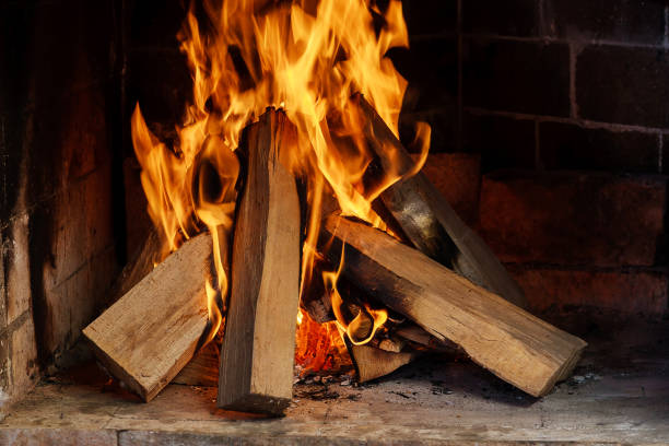 istock Burning firewood in the fireplace close up. 1208250148