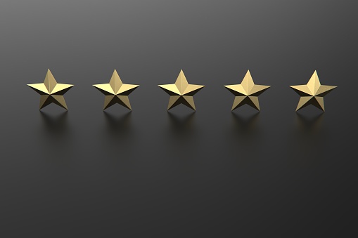 Five golden stars isolated against black, rating concept. 3d illustration stock photo