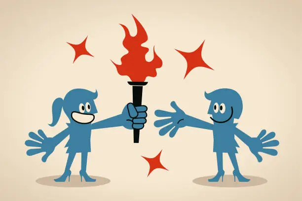 Vector illustration of Female leader passing a flaming torch to a woman