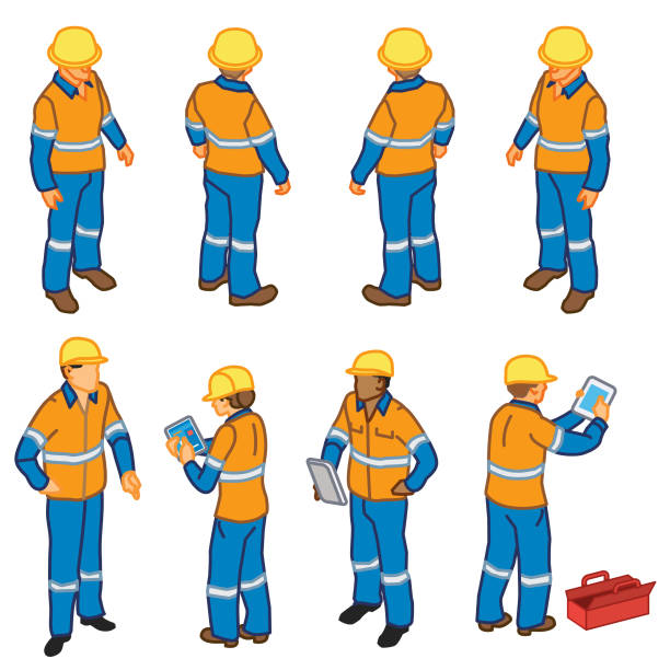 Construction Inspection Workers (isometric) Male and female workers in workwear + reading data from tablets engineering illustrations stock illustrations