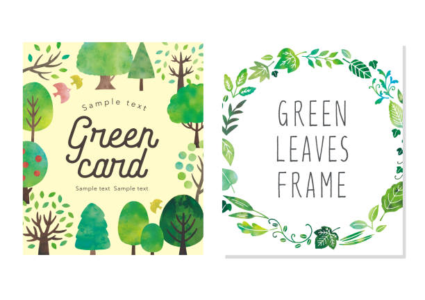 Green trees and leaves cards watercolor Green trees and leaves cards watercolor environmental conservation illustrations stock illustrations