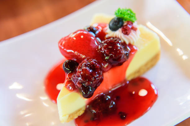 istock Soft focus to strawberry cheesecake on table 1208260867