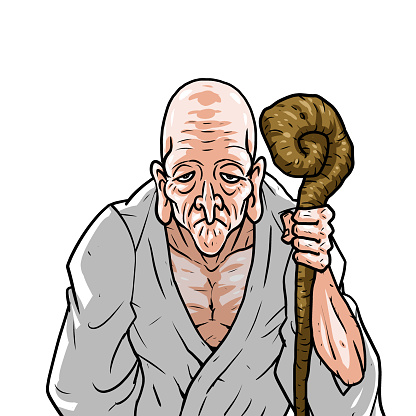 Old man in white kimono holding a cane