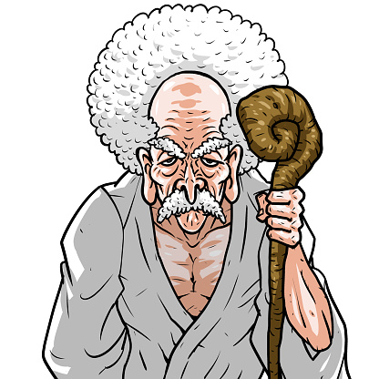 Old man in white kimono holding a cane
