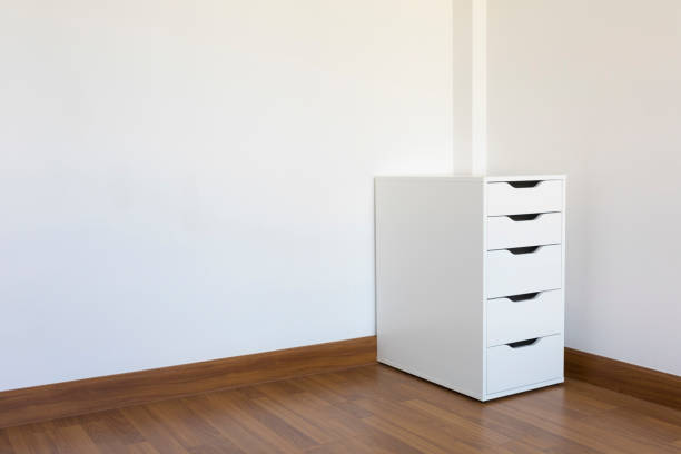 istock White cabinet on wood floor in white room 1208270844