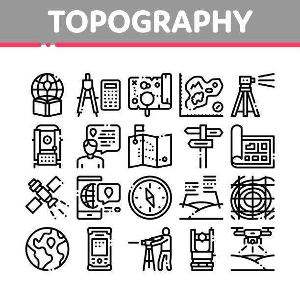 ikony kolekcji badań topograficznych zestaw wektor - geodezja stock illustrations