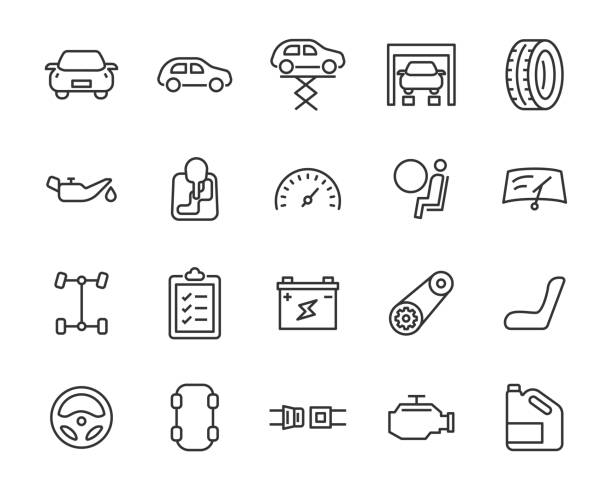 set of car part icons, car care service, repair set of car part icons, car care service, repair tire vehicle part stock illustrations
