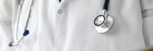 istock Stethoscope head at GP in white coat chest 1208281682