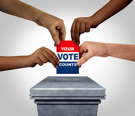 Your vote counts as diverse hands casting a ballot at a voting polling station as an election and democracy concept or diversity in democracy with 3D illustration elements.