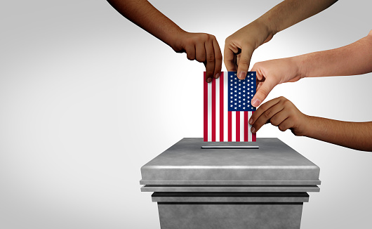 United States election and American voting as a diverse electorate casting a ballot at a US polling station as a right to vote idea as multicultural hands holding a USA flag with 3D illustration elements.