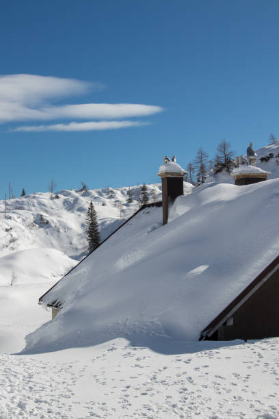 istock Mountain hut covered in snow, Komna plateau 1208289720