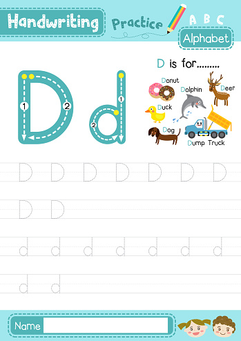 Letter D uppercase and lowercase cute children colorful ABC alphabet trace practice worksheet for kids learning English vocabulary and handwriting layout in A4 vector illustration.