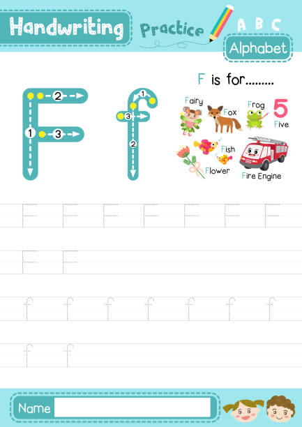 ilustrações, clipart, desenhos animados e ícones de carta f uppercase e menor prática de rastreamento de caixa a4 - worksheet