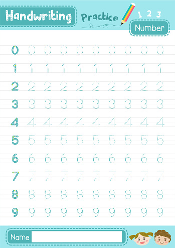 Number 0-10 handwriting practice worksheet for preschool kids learning how to write layout in A4 colorful printable version. Vector Illustration.