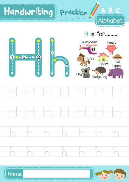ilustraciones, imágenes clip art, dibujos animados e iconos de stock de carta h en mayúsculas y minúsculas de la hoja de trabajo de práctica de seguimiento a4 - lowercase