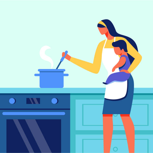 ilustraciones, imágenes clip art, dibujos animados e iconos de stock de mujer con niño pequeño en la cocina de armas. vector. - house home interior small human hand