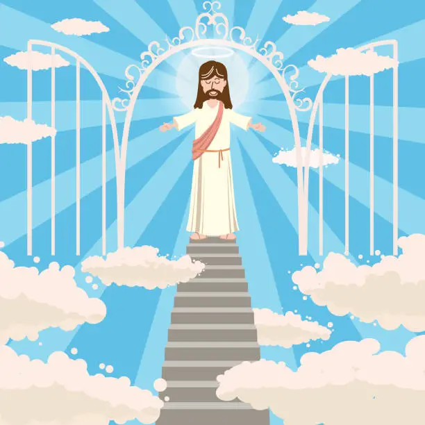 Vector illustration of God, Jesus christian religion, grace, good, Biblical ascension on the top of the stairs in the clouds the gates of paradise concept. Character of Jesus christ, the son of god concept sketch. Isolated vector illustration