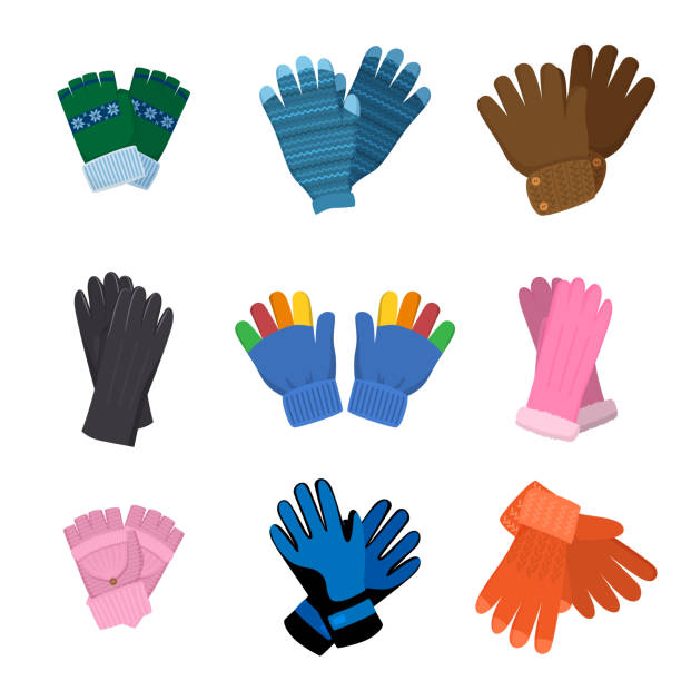 ilustrações, clipart, desenhos animados e ícones de conjunto de diferentes pares de luvas coloridas para crianças ou adultos - glove nobody colors wool
