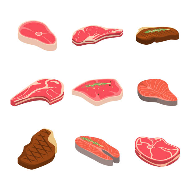 zestaw świeżych lub grillowanych steków, z marketu na dzień grilla - mięso stock illustrations