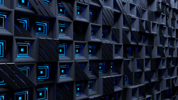 istock Abstract blue background with squares and striped triangles. 1208302969