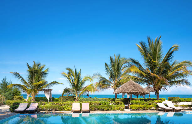 бассейн с видом на пляж - touristic resort стоковые фото и изображения