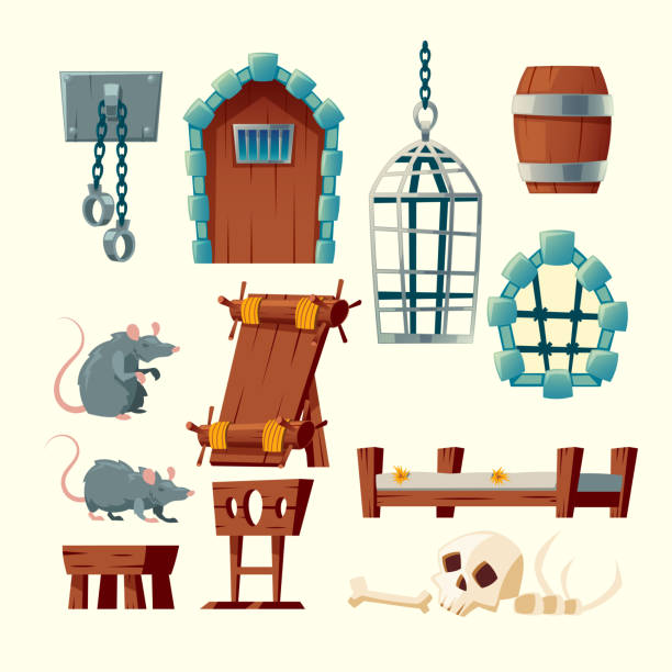 ilustrações de stock, clip art, desenhos animados e ícones de vector cartoon medieval prison set, torture objects - pelourinho