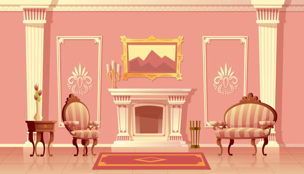 ilustrações de stock, clip art, desenhos animados e ícones de vector luxury living room with fireplace - house column residential structure fairy tale