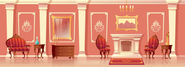vector luxus-wohnzimmer mit kamin - domestic room palace chandelier nobility stock-grafiken, -clipart, -cartoons und -symbole