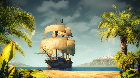 Pirates ship near the tropical island with palms. Illustration, 3D render parts included.