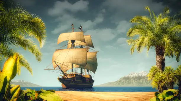 Pirates ship near the tropical island with palms. Illustration, 3D render parts included.