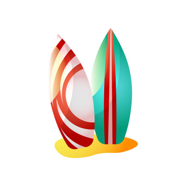 istock Two colorful red striped surfboard on summer beach 1208303212