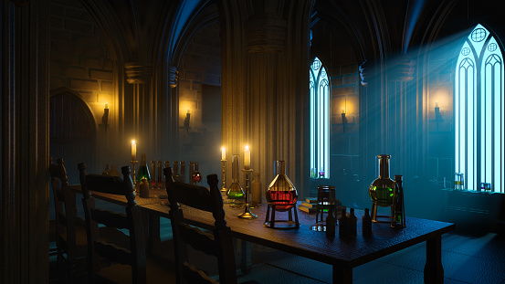 Moonlight shadow in the mysterious gothic alchemist laboratory. 3D illustration.