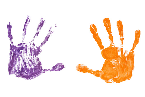 Colorful baby's handprints isolated on white background