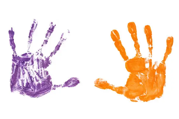 Photo of Colorful baby's handprints isolated on white background