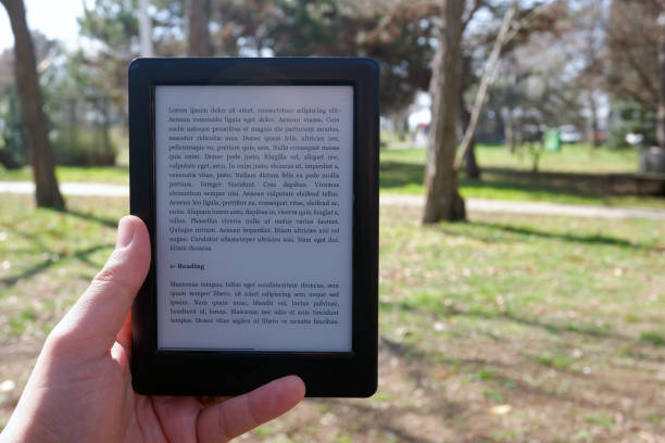 istock Hand of a man reading the e-book in the e-book reader 1208303556