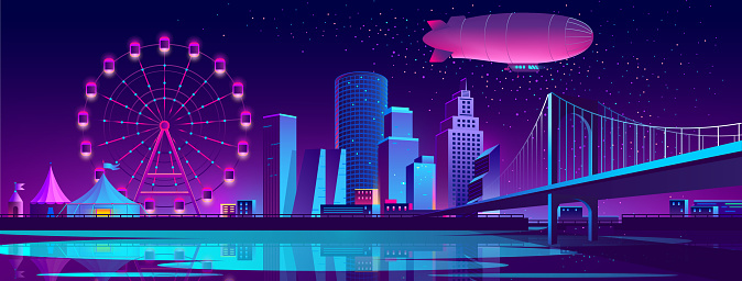 Vector urban concept background with night city illuminated with neon glowing lights. Futuristic cityscape with modern buildings, high skyscrapers, Ferris wheel in amusement park on bank of river