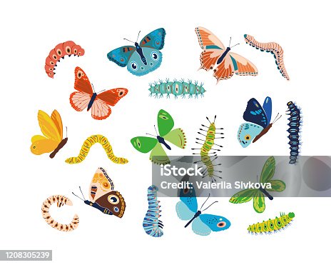 istock Set spring and summer colorful butterflies and caterpillars. Different cute silhouettes on white background. For festive card, logo, children, pattern, tattoo, decorative, concept. Vector illustration 1208305239