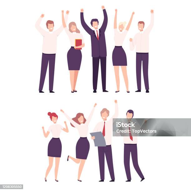 승리 세트를 축하하는 비즈니스 사람들 사무실 팀 성과 매니저 캐릭터는 자신의 손을 들고 서있는 정장 옷을 입고 플랫 벡터 일러스트 비즈니스에 대한 스톡 벡터 아트 및 기타 이미지