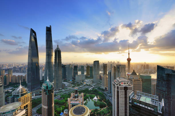 istock Modern Cityscape Skyline at Sunset, Shanghai, China 1208305622