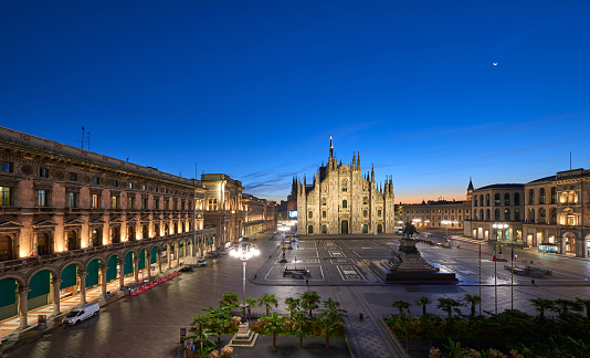 Milan cathedral and piazza del duomo at dawn blue sky, Milan, Italy.